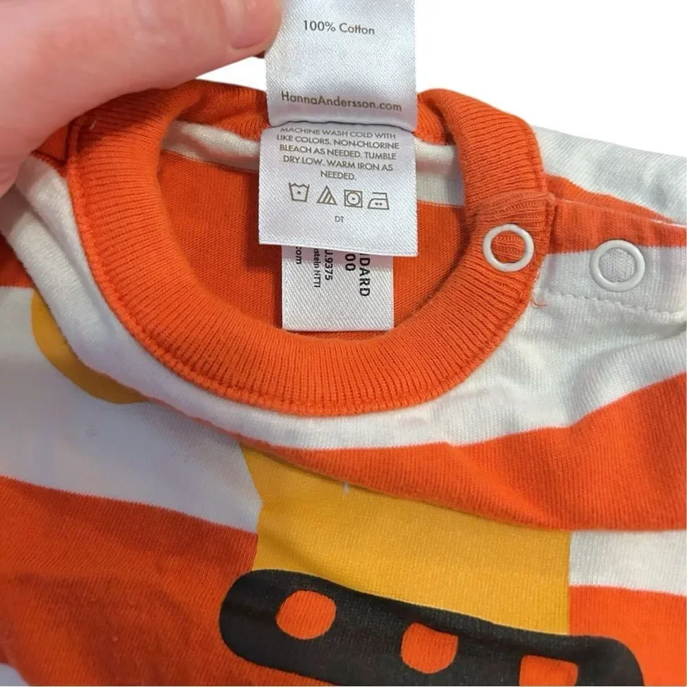 Hanna Andersson Orange and White Excavator Baby Romper, Size 3-6‎ mo.